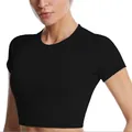 Zwarte geribbelde hoog-elastische sneldrogende fitness crop top met korte mouwen en huidgevoel - S / Top en Onderkant (Korte Mouwen Stijl) / Zwart