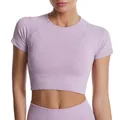 Lichtpaarse geribbelde crop top met korte mouwen voor een elastische fitnessset - S / Boven- En Onderstuk / Paars