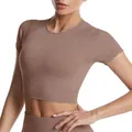 Hoge stretch sneldrogende bruine geribbelde fitness crop top met korte mouwen voor dames - S / Boven- En Onderstuk / tan