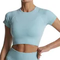 Hoogelastische lichtblauwe geribbelde fitness crop top korte mouwen voor dames - S / Boven- En Onderstuk / Blauw
