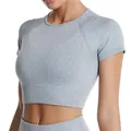 Grijze geribbelde sport-crop-top met hoge stretch voor fitness en alle trainingen - S / Boven- En Onderstuk / Lichtgrijs