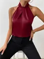 Elegante top all'americana in raso bordeaux con finitura lucida effetto seta - Taglia S / Top / Rosso scuro