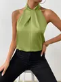 Elegante top a lupetto in raso verde lime senza maniche per la moda estiva donna - Verde oliva