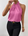 Elegante top all'americana in raso rosa da donna, camicetta smanicata effetto seta - Fucsia