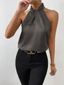 Elegante top a lupetto in raso grigio antracite per donna, perfetto per uno stile estivo chic - Grigio scuro