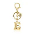 Detailed view of a golden bubble letter E keychain with heart charm and lobster clasp - Letter E