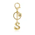 Detail view of a gold bubble initial S keychain with a lobster clasp and heart charm. - Letter S
