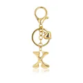Detailed view of a shiny golden bubble letter X keychain with heart charm and lobster clasp - Letter X