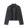 Vista frontal de chaqueta de mezclilla negra lavada con botones de doble botonadura - XS / Tops / Negro