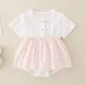 Short sleeve baby girl cotton romper with pink balloon print skirt and button detail - Pink