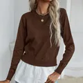 Stylish brown women's knit sweater with white faux two-piece shirt hem detail - S / Tops / Coffee
