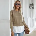 Stylish women's autumn brown round neck knit sweater with white fake two-piece shirt hem design - S / Tops / Khaki