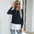 Elegant navy blue knit patchwork fake two-piece sweater featuring a white shirt hem detail - S / Tops / Navy Blue