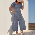 Combinaison élégante à fleurs bleues avec col carré, manches bouffantes et jambes larges - S / Floral Bleu