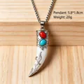 Vintage wolf tooth pendant necklace for men with red and turquoise stones - Single-Sided Vintage Wolf Tooth Style (BY-0170 White=Single) / White