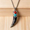 Vintage stainless steel wolf tooth pendant necklace with decorative red and turquoise stones - Single-Sided Vintage Black Tooth Style (BY-0170 Black=Single) / Black