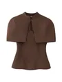 Elegant brown faux two-piece top featuring a standing collar and capelet overlay - S / Coffee