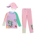 Mädchen dreiteiliges Meerjungfrau-Badeanzug-Set mit UV-Schutz und passendem Sonnenhut - L (90-100cm, 26-32) / Oberteil Und Unterteil / Apfelgrün Ärmel Meerjungfrau (D260604-3BW)