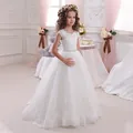 Elegant white lace sleeveless flower girl ball gown with a beaded belt for little girls. - 8-9 Years / All Beige