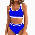 Electric blue high waisted sports bikini set with white contrast trim for women - S / Top And Bottom / Blue