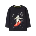 Navy blue long-sleeve cotton T-shirt for boys featuring a cool astronaut surfing print - 2Y(90cm) / Navy Blue (Astronaut Print)
