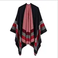 Detail of a women's color-blocked striped split poncho scarf with a soft texture. - One Size / Four Stripes Pattern (Robe) / 155X135CM / Black