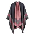 Close-up detail of the thick reversible knit striped open-front poncho shawl for women - One Size / Four Stripes Pattern (Robe) / 155X135CM / Gray