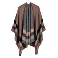 Close-up of the double-sided split poncho featuring classic earth-toned stripes. - One Size / Robe / 130x150cm / Four Stripes Khaki
