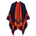 Elegant navy blue knit poncho wrap with vibrant orange and red striped hem details - 130x150cm / Robe / Four Stripes Navy Blue