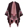 Elegant double-sided wine red and pink striped knit poncho shawl wrap for women - One Size / Tops / 130x150cm / Four Stripes Coffee