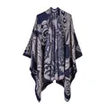 Elegant navy blue and beige reversible paisley knit shawl poncho for winter warmth - One Size / Robe / Navy Blue Paisley