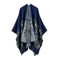 Classic navy blue double-sided knit poncho shawl featuring an ethnic geometric pattern - One Size / Robe / Space Dye Navy Blue