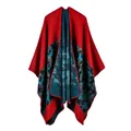 Elegant red and teal patterned knit poncho shawl with split front design for women - One Size / Robe / Space Dye Red