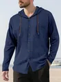Detail of the hooded neckline and brown drawstrings on a navy blue cotton casual shirt. - Navy Blue