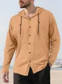 Casual men's long-sleeve cotton hooded shirt with drawstring in solid camel color - Coffee