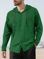 Detail view of men's green long sleeve cotton hooded shirt with drawstring - Dark Green