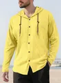 Detailed view of yellow linen-textured hooded long sleeve shirt for men's beachwear. - Lemon Yellow