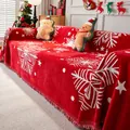 Funda de sofá navideña roja con patrones de copos de nieve blancos y flecos decorativos. - 180*230 / Nieve de Navidad