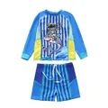 Detail eines zweiteiligen Jungen-Badeanzugs mit Langarm-Top und Astronauten-Hai-Print - 2XL (110-120cm, 39-47) / Oberteil Und Unterteil / Blau gestreifter Hai (P260510-4BWFS)