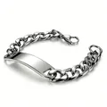Macro detail of men's stainless steel Cuban link bracelet with polished blank ID plate - 10mm Curved ID Plate NK Link Style (Lobster Clasp) / 18cm Length