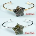 Handmade wire wrapped star crystal cuff bracelet in shiny gold and silver finishes - Gold Star Style / Moss Agate