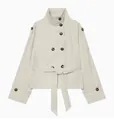 Detailed view of cream double-breasted short trench coat with waist tie and stand collar - Off White