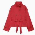 Elegant red double-breasted short trench coat featuring an adjustable waist tie - XS / Tops / Red