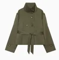 Detail view of army green short trench jacket with double-breasted buttons and belt. - XS / Tops / Green