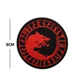 8cm round Viking tactical embroidered patch featuring a red wolf and runic symbols - Viking Wolf Round Black Red (V00954-1)