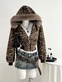 Detailed view of a stylish leopard print hooded faux fur jacket with soft texture. - S / Brown