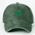 Dark green washed cotton baseball cap with green shamrock clover embroidery detail. - One Size / Green