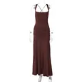 Elegant dark brown sleeveless backless evening maxi dress for formal gala events - S / Top And Bottom / Brown