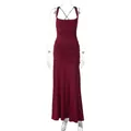 Elegant wine red sleeveless bodycon maxi dress with ruched waist and back straps - S / Top And Bottom / Burgundy