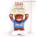 Large 3D standing bear foil balloon holding a birthday cake for festive party decoration - Bear with Base Holding Cake / L